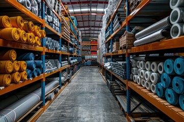 A warehouse with many rolls of fabric and other materials. The rolls are stacked on shelves and the space is very large