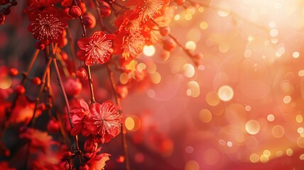 Close-up of vibrant red flowers with sparkling bokeh background in warm tones