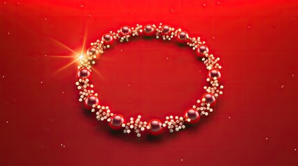 Red and white Christmas wreath with a shiny star on a red background.