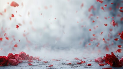 Red rose petals scattered on misty, dreamy grey background with whole roses ground - obrazy, fototapety, plakaty