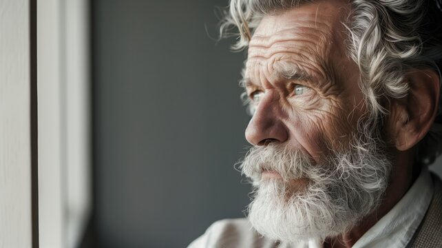 Elderly man with white beard looking pensively out window