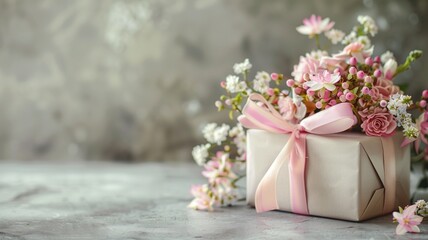Wrapped gift with pink ribbon among flowers on textured surface