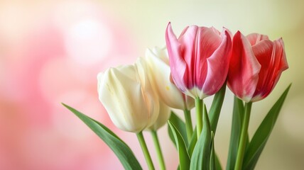 Bouquet of pink and white tulips against soft, colorful background