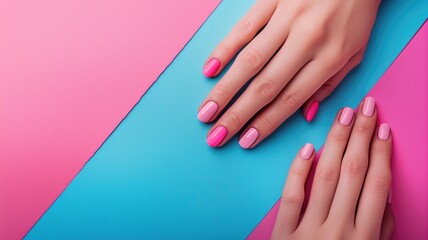 Fototapeta premium Hands with pink manicured nails on two-tone background