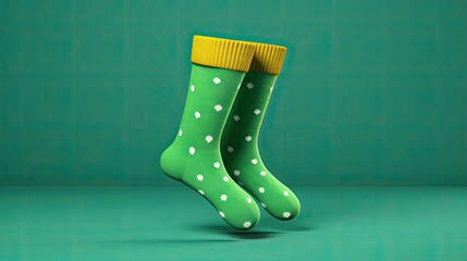 A pair of green socks with white polka dots and a yellow cuff. The socks are floating in the air against a green background.