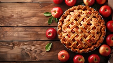 Freshly baked apple pie with lattice crust surrounded by whole apples on wooden table
