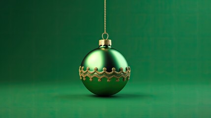 This is a beautiful image of a green Christmas ornament. It is hanging from a gold chain and has a gold decorative band around the middle.