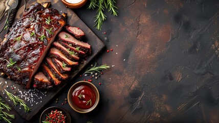 Sliced barbecued ribs on cutting board with sauce and herbs - obrazy, fototapety, plakaty