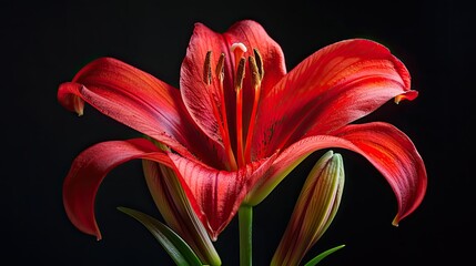 Capture the stunning beauty of a Red Easter Lily flower in a striking close up photograph set against a captivating black background