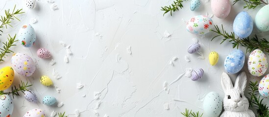 Easter eggs and the Easter bunny on a white backdrop with space for text. Top-down view of an Easter-themed scene.