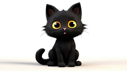 A cute black cat is sitting on a white background. The cat has big yellow eyes and a pink nose. It is looking at the camera with a curious expression.