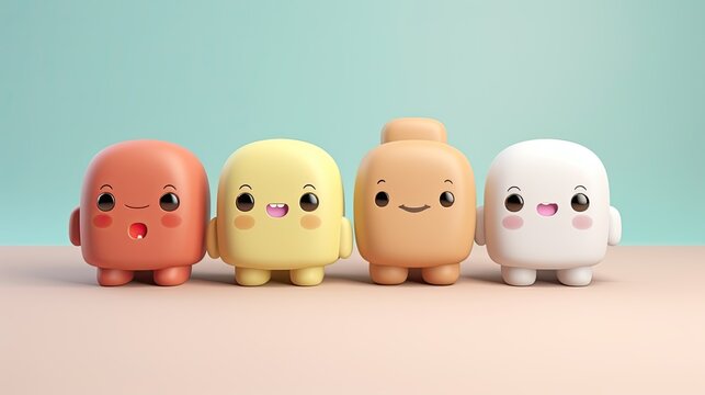Four cute and colorful 3D cartoon characters standing in a row on a solid background.