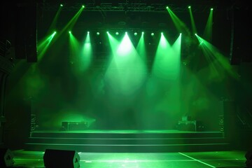empty stage, bright green spotlights. start of the show. theater, concert hall