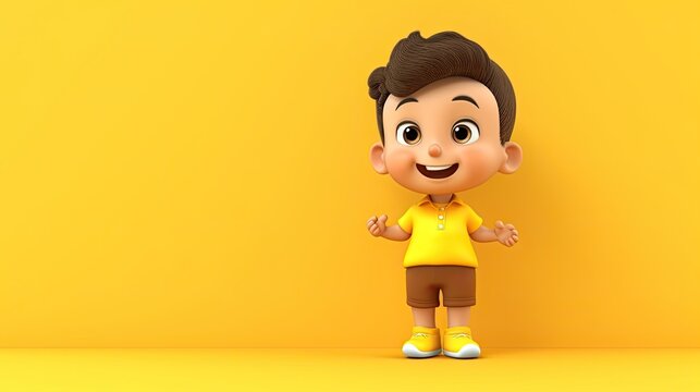 3D rendering of a happy smiling boy wearing a yellow shirt and brown shorts, standing with arms outstretched in a welcoming gesture against a solid ye