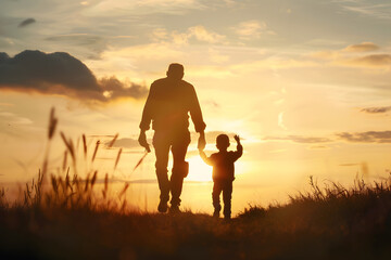 Silhouette of father and son walking in the sunset for father's day background and celebration