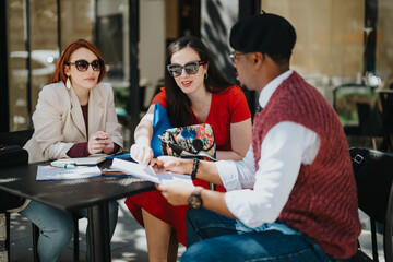 Three business entrepreneurs engaged in a serious strategy discussion at an outdoor cafe setting.