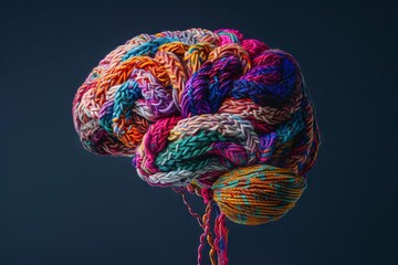 minds endless inquiry human brain knitted with colorful yarn conceptual illustration - obrazy, fototapety, plakaty