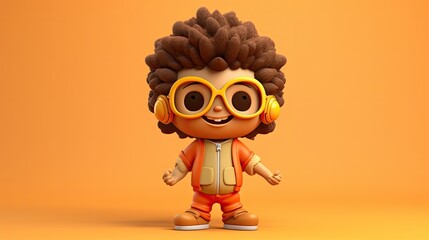 This is a 3D rendering of a happy, cartoonish boy. He has brown hair, brown eyes, and is wearing an orange jacket, pants, and headphones.