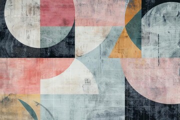 minimal geometric shapes and lines in soft pastel colors on textured paper background abstract art