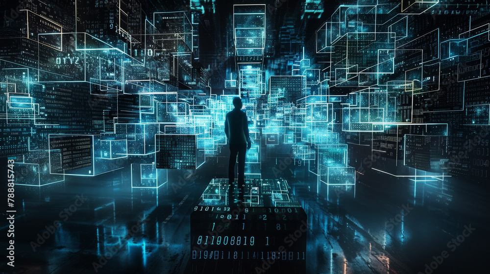 Wall mural silhouette of an individual amidst a holographic array of futuristic data screens. blockchain concep
