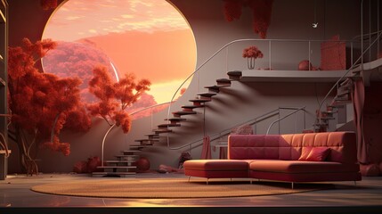 Living room with a large round window. There is a sofa, a coffee table, and a few trees in the room. The room is decorated in a modern style.