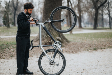 A focused businessman in formal attire repairing his bike outdoors, demonstrating work-life balance.