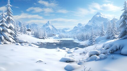 A winter wonderland of snow-covered mountains, trees, and a frozen river. The perfect setting for a peaceful and relaxing vacation.