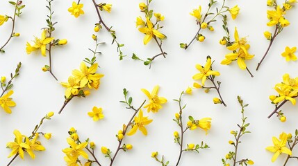 A delightful floral arrangement featuring a yellow forsythia flower pattern against a crisp white backdrop evoking the essence of spring Easter and summer Captured in a flat lay composition