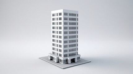 A simple 3D rendering of a white skyscraper on a white background. The building has 10 floors and a flat roof. There are windows on each floor.