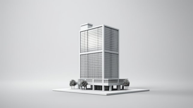 A simple 3D rendering of a modern office building. The building is white and has a lot of windows. There are 3 trees in front of the building.
