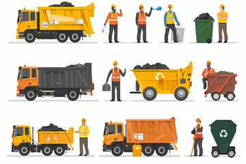 Fototapeta na wymiar Garbage truck and dustmen. Scavengers workers clean the trash can 3D avatars set vector icon, white background, black colour icon