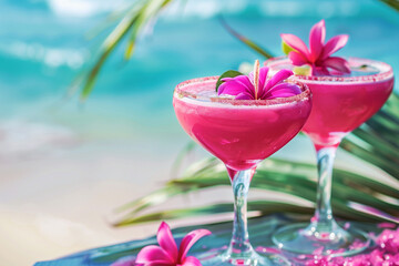 Tropical pink cocktails in glass flutes with tropical flowers against a vibrant blue ocean backdrop