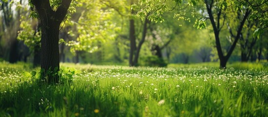 Fototapeta na wymiar Meadow in spring adorned with fresh green foliage