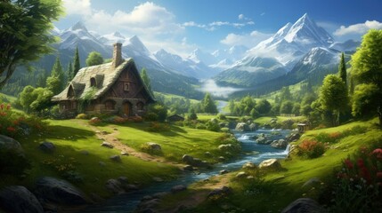 A small cottage nestled in a valley between two mountains. A river runs through the valley and there are trees and flowers on the banks.