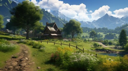 A beautiful landscape with a small house in the middle. The house is surrounded by trees and flowers. There is a mountain in the background.