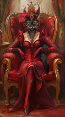Illustration a whimsical woman-cat convergence. Regal feline sovereign in a red dress sitting on a throne.