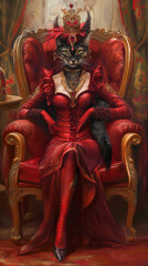 Fototapeta premium Illustration a whimsical woman-cat convergence. Regal feline sovereign in a red dress sitting on a throne.
