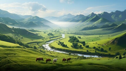 Fototapeta premium Amazing view of a lush green valley with a river running through it. The valley is surrounded by snow-capped mountains.