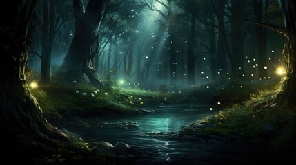 Mystical forest with a river flowing through it. The trees are tall and the branches are thick. The leaves are a deep green color.