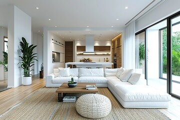 Modern living room with open concept view through to dining room kitchen, high resolution ,