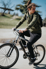 A focused young adult male rides his mountain bike in a sunny park, embodying relaxation and physical activity outdoors.