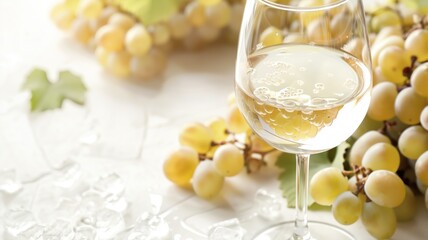Glass of white wine with grapes on table - obrazy, fototapety, plakaty