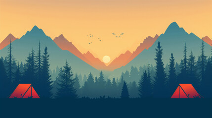 symmetrical illustrated camping concept. sunset in the mountains