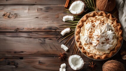 Coconut cream pie with whipped topping and spices on wooden background, top view - obrazy, fototapety, plakaty