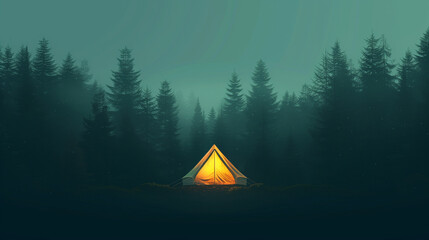 Illuminated yellow tent in foggy forest at night