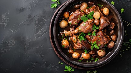 Braised meat with mushrooms and herbs in dark bowl on black surface