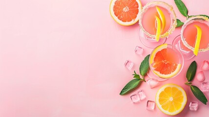 Refreshing citrus drinks with ice on pink background