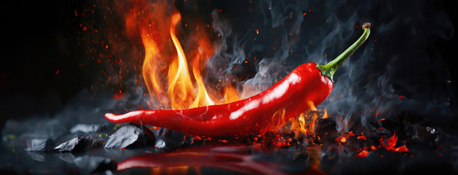 Fiery chili pepper ablaze amidst a smoky backdrop. Sparks fly as the heat intensifies, contrasting the chill of the pepper's fiery temperament.