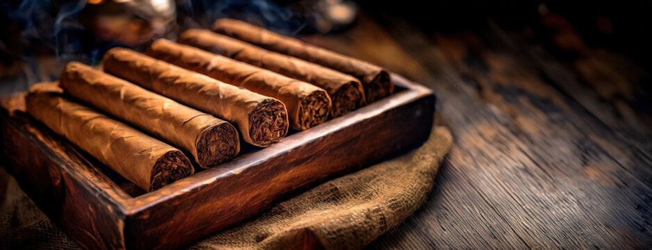 A wooden box filled with rolled cigars, emitting smoke, placed on a rustic table, highlighting the craftsmanship in tobacco products.