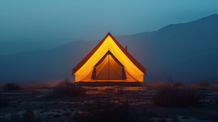 Illuminated yellow tent in misty mountains in the evening